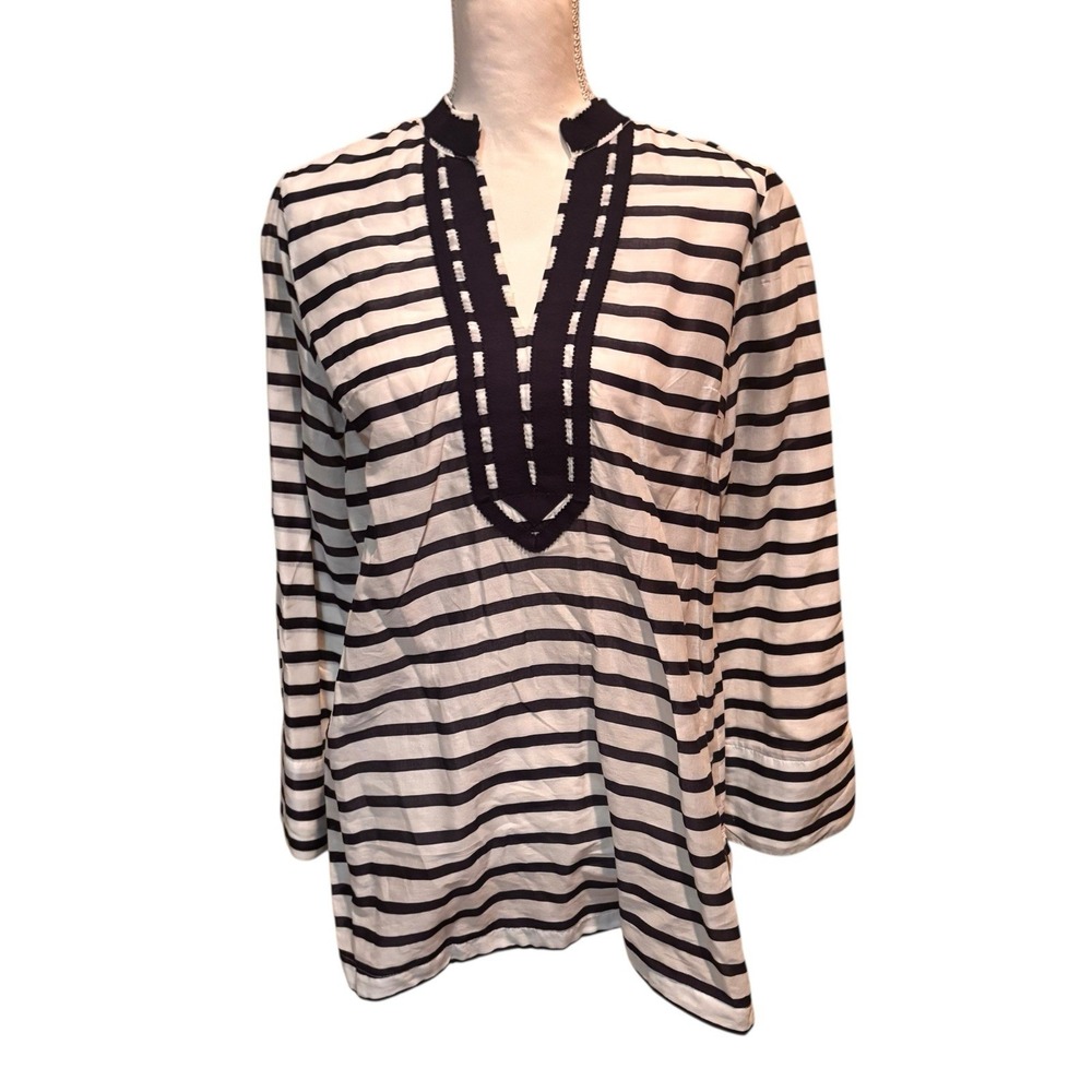 Saint Tropez West Navy White Stripe Cotton Tunic Top Split Neck Long Sleeve M